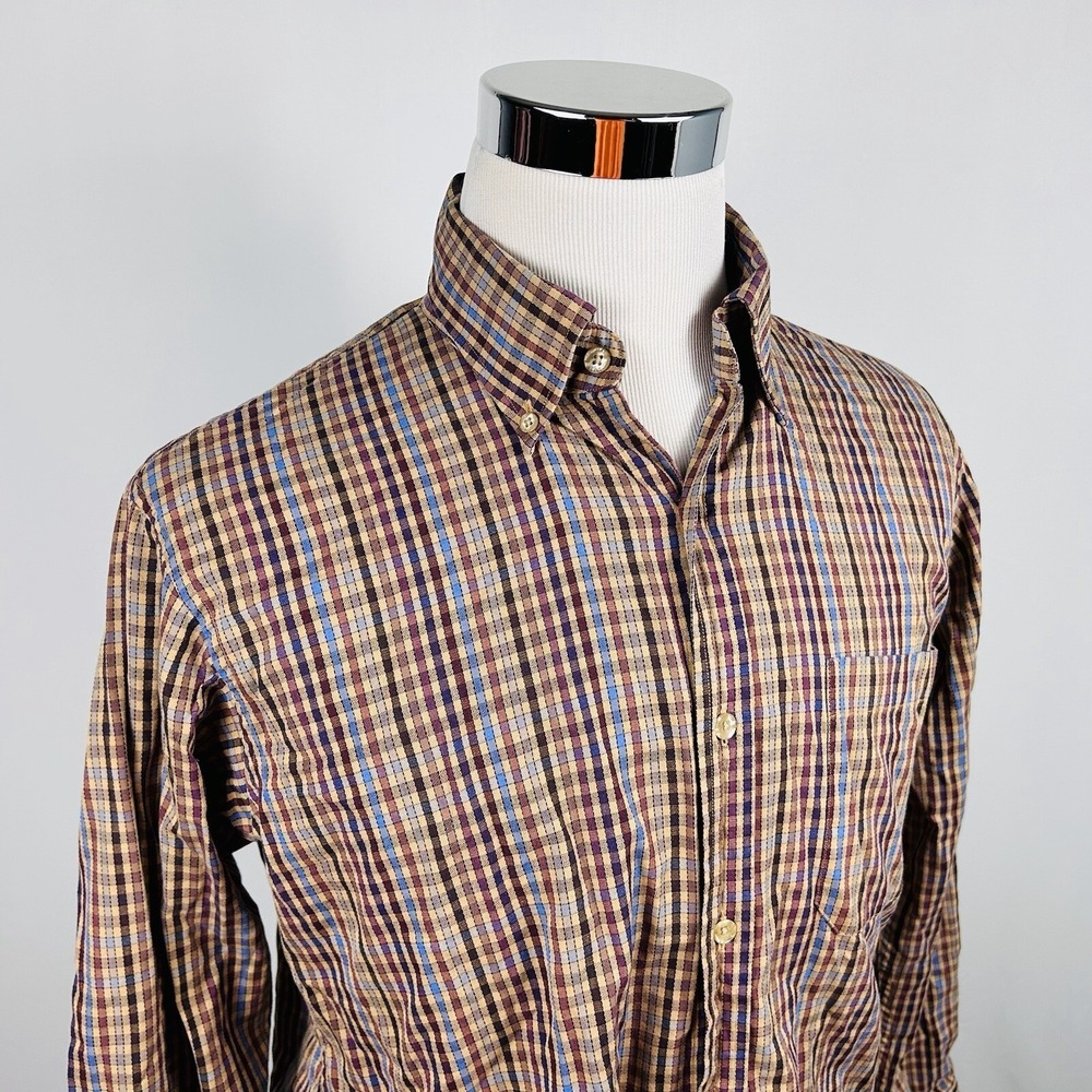 Born Medium Handcrafted Shirt Beige Blue Plaid 100% Cotton Button Down Casual